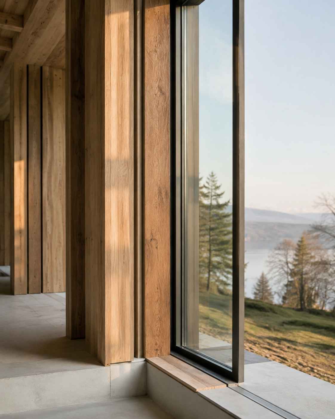 Bodentiefe Fenster zwischen sichtbaren Holzbauteilen mit Blick in die Landschaft