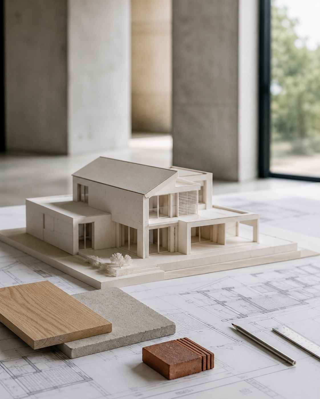 Planung von Bauprojekten: Architekturmodell auf Bauzeichnungen neben Holz- und Ziegelmustern