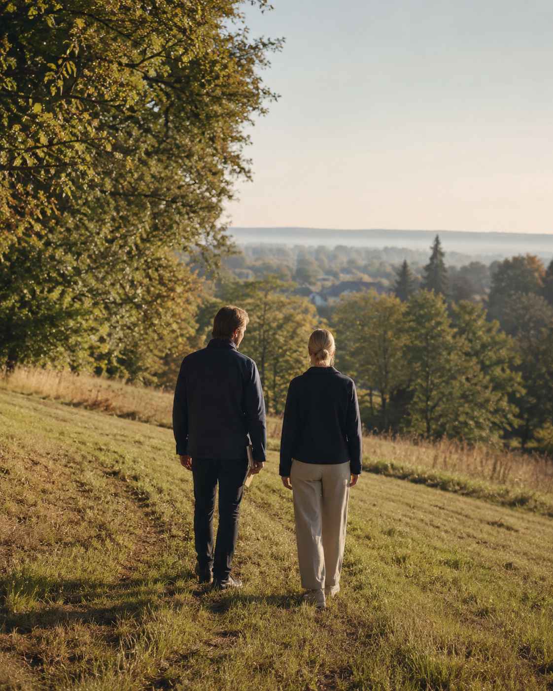 Grundstücksbegehung zur Projektentwicklung: Zwei Personen gehen über eine Wiese mit Blick auf die Landschaft