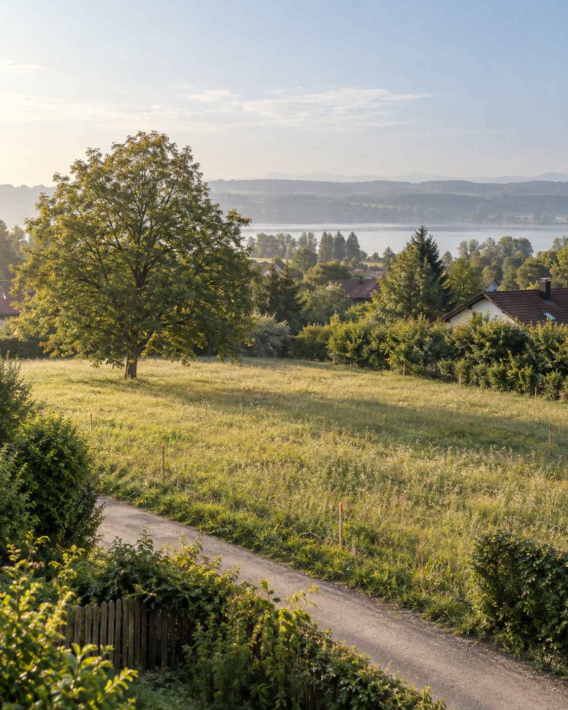 Wiesenfläche mit großem Baum, angrenzendem Weg und Blick auf eine Seenlandschaft