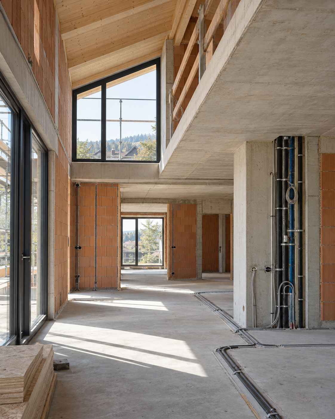 Innenraum im Ausbau mit sichtbaren Installationen, Galerie und großen Fensterflächen