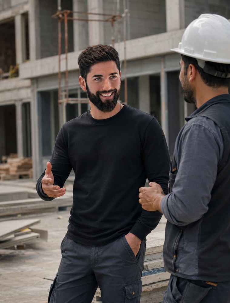 Daniel Prause im Gespräch mit einem Bauarbeiter auf einer Baustelle zur Abstimmung von Bauleistungen