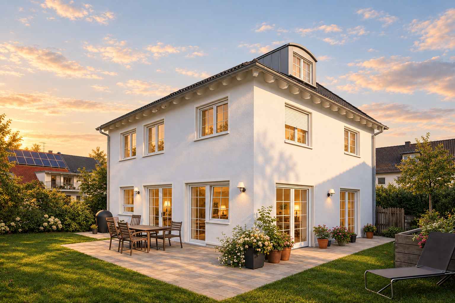 Helles zweigeschossiges Wohnhaus mit Dachgaube, Terrasse und umliegendem Garten