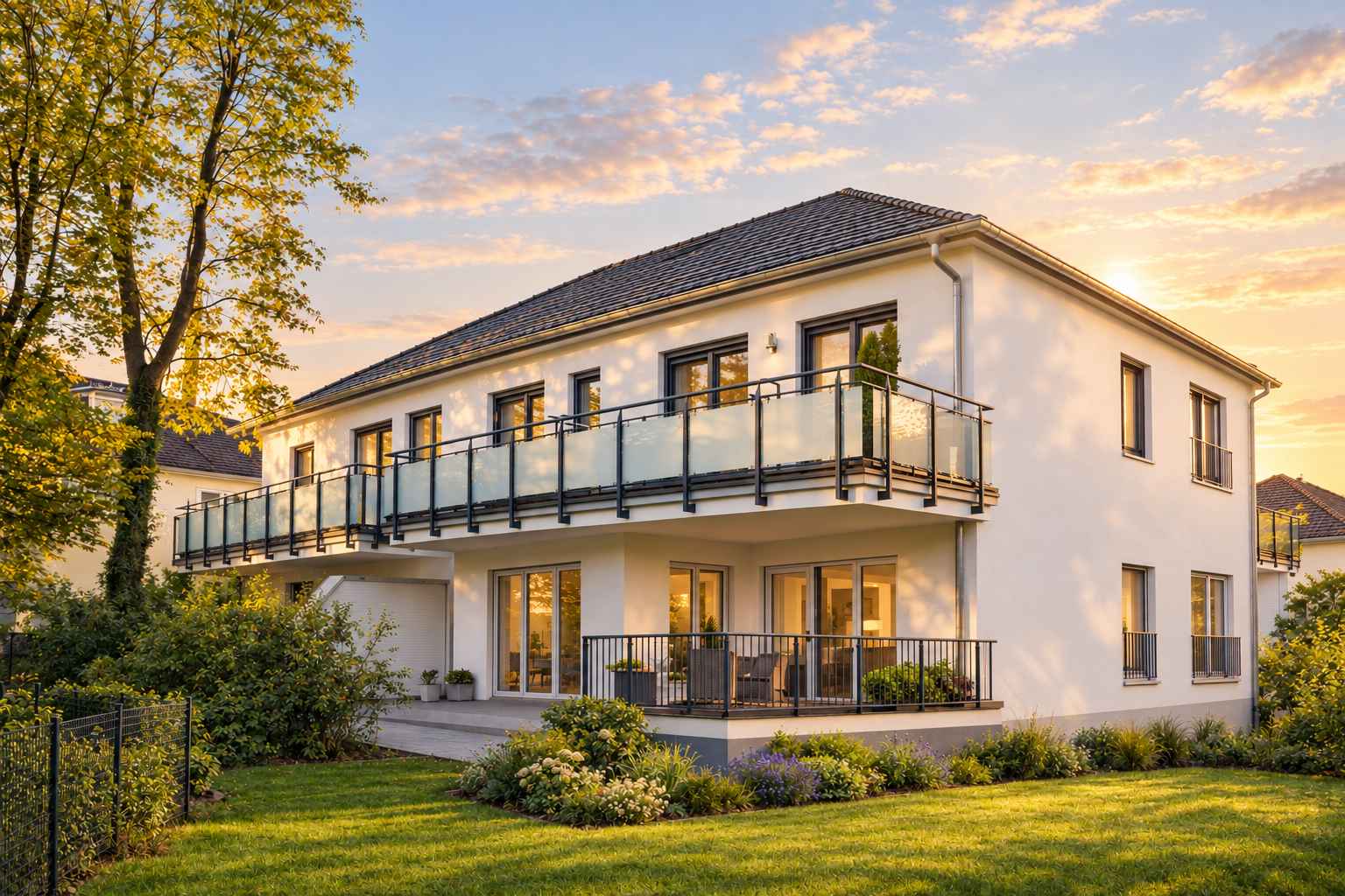 Helles zweigeschossiges Wohnhaus mit langem Balkon, überdachter Terrasse und Garten