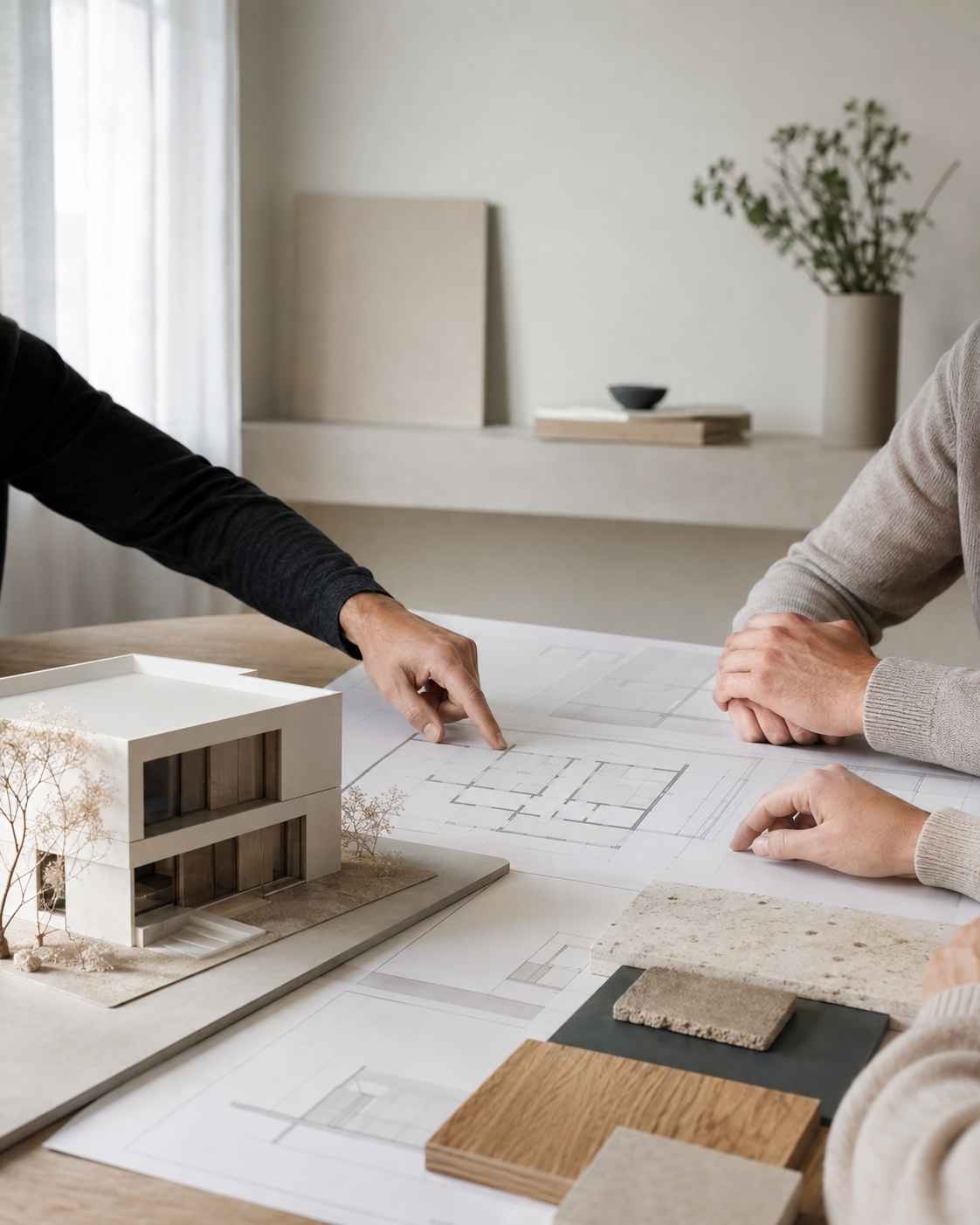 Schlüsselfertiger Hausbau: gemeinsame Besprechung von Grundrissen, Architekturmodell und Materialmustern an einem Tisch
