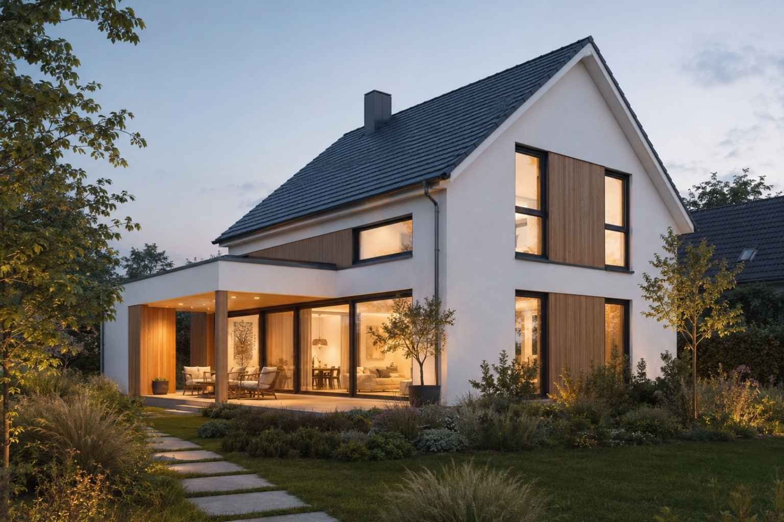 Helles Wohnhaus mit dunklem Satteldach, großen beleuchteten Fenstern und Terrasse in der Abenddämmerung