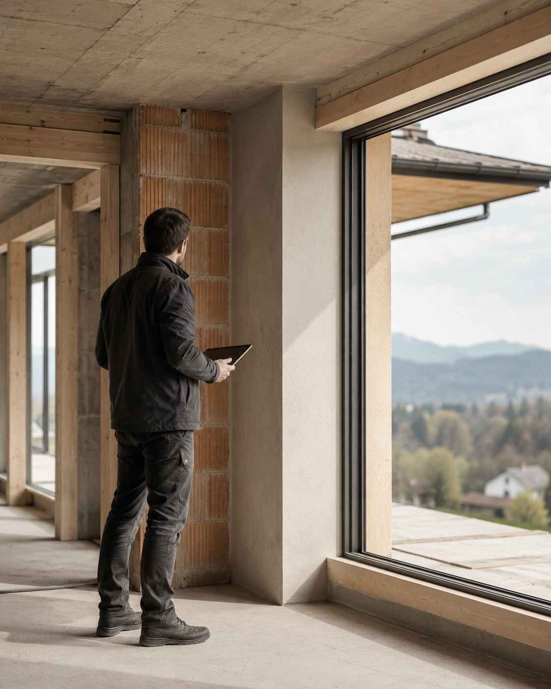 Baustellensituation zur Generalübernahme: Mann mit Unterlagen in einem Rohbau mit großen Fensteröffnungen