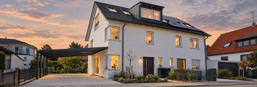 Doppelhaushälfte in Geltendorf mit heller Fassade, Satteldach und seitlicher Überdachung im Abendlicht