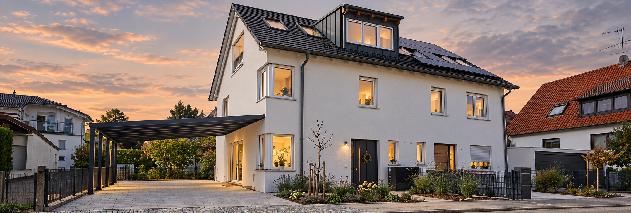 Doppelhaushälfte in Geltendorf mit heller Fassade, Satteldach und seitlicher Überdachung im Abendlicht