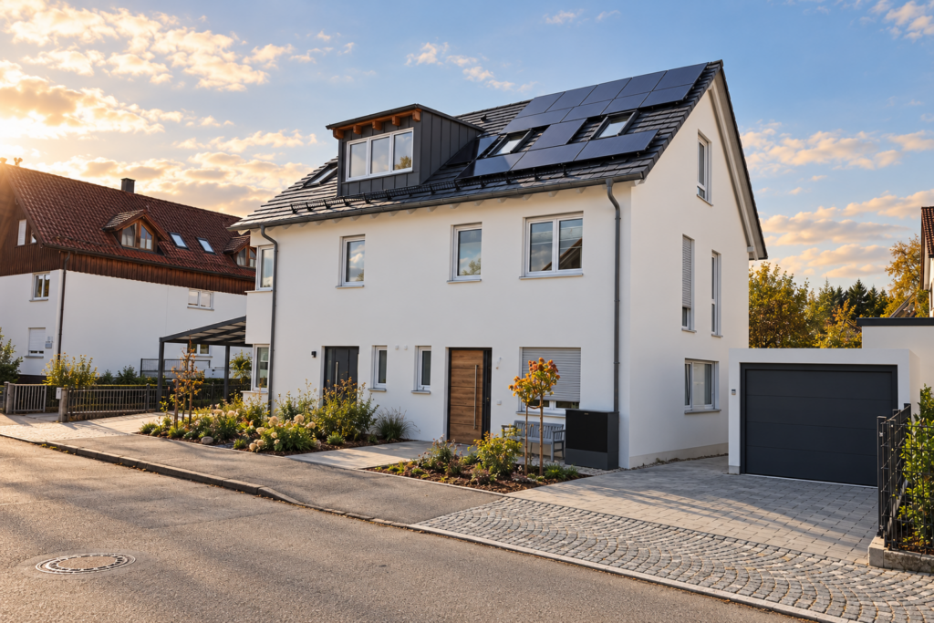 Straßenansicht des Doppelhauses in Geltendorf mit Photovoltaik auf dem Satteldach und Garage
