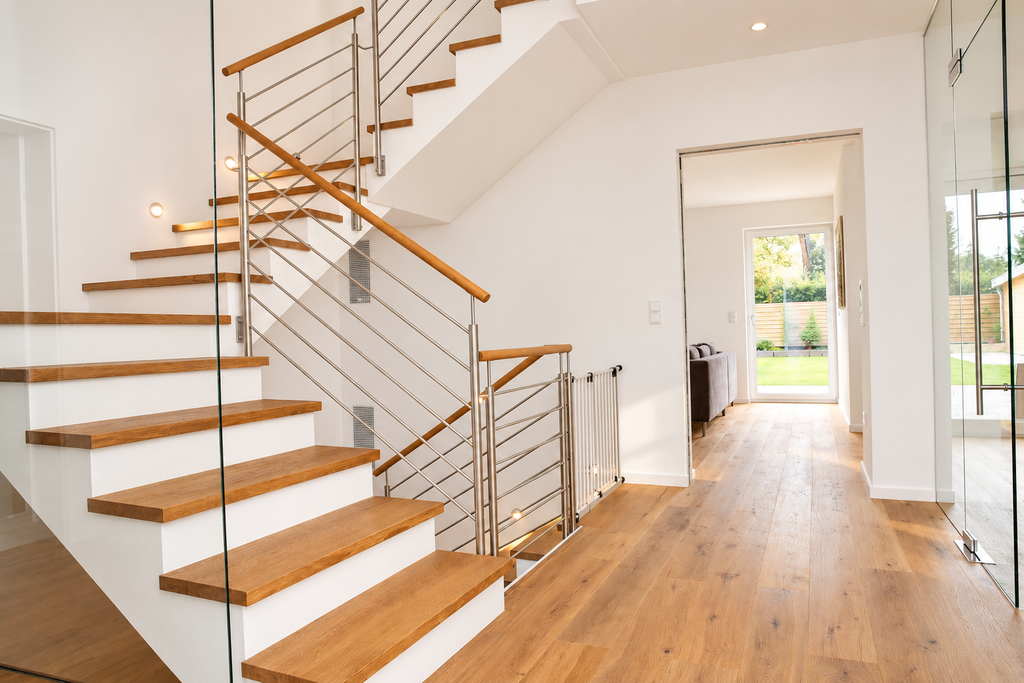 Treppe mit Holzstufen, hölzernem Handlauf und filigranem Metallgeländer im Doppelhaus in Germering