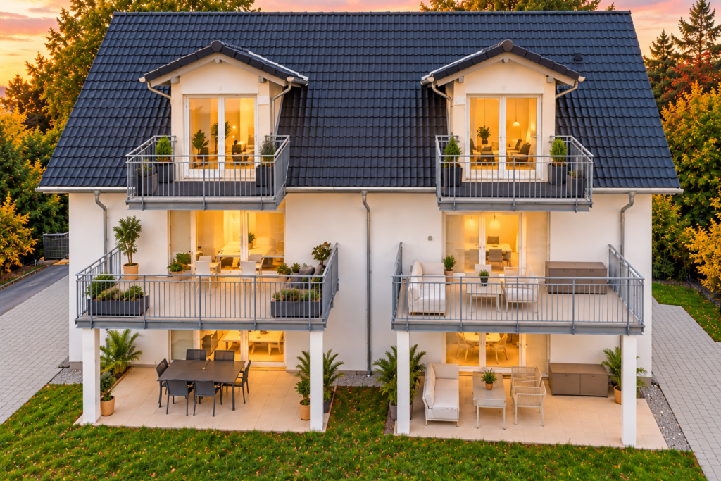 Gartenansicht des Mehrfamilienhauses in Geltendorf mit Balkonen, Terrassen und zwei Dachgauben