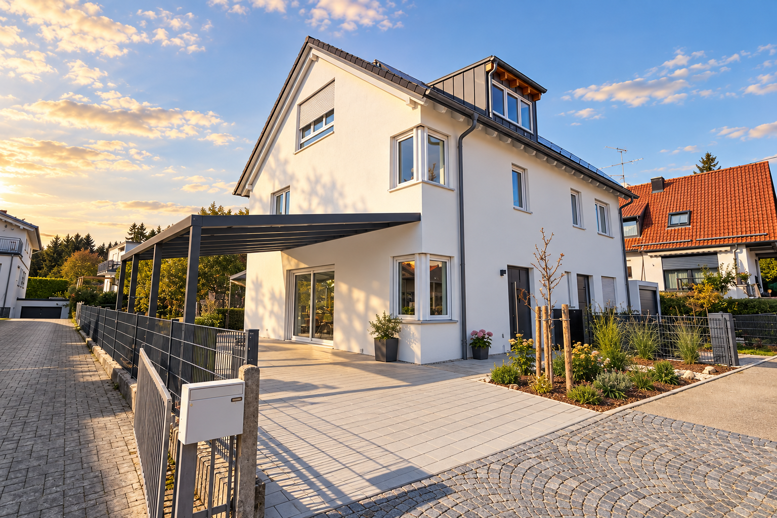 Doppelhaus in Geltendorf mit Eckfenstern, heller Giebelfassade und dunkler seitlicher Überdachung