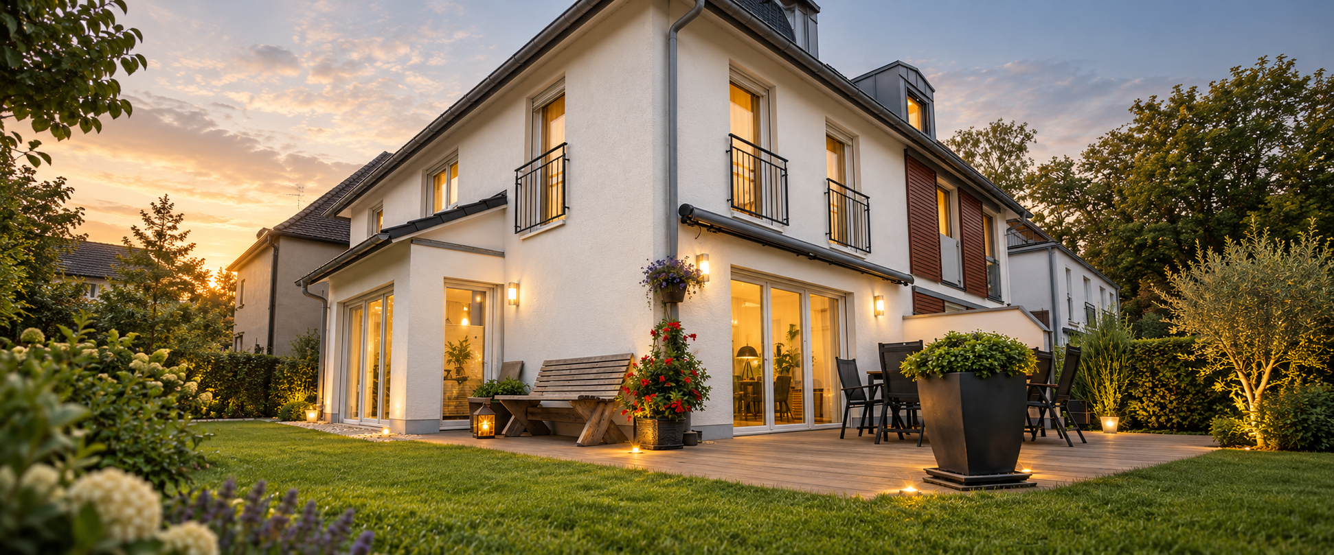 Einfamilienhaus in München-Laim mit heller Fassade, Terrasse und Garten im Abendlicht