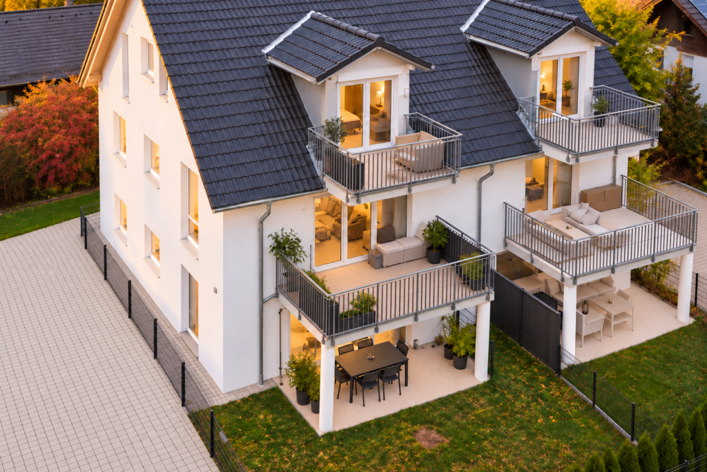 Detailansicht der Balkone mit grauen Metallgeländern und hellen Stützen an der Gartenfassade vom Mehrfamilienhaus in Geltendorf