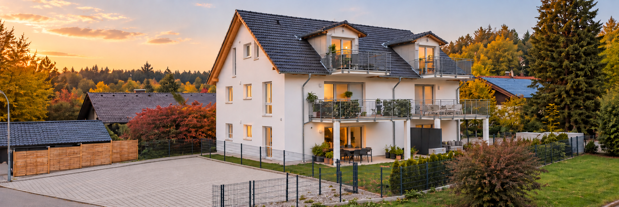 Mehrfamilienhaus in Geltendorf mit heller Fassade, dunklem Satteldach, Balkonen und Garten