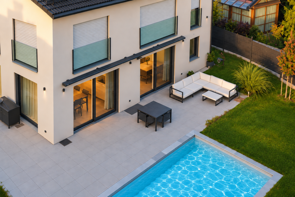 Terrasse mit weißer Lounge, dunkler Tischgruppe und offenem Pool vor der hellen Hausfassade