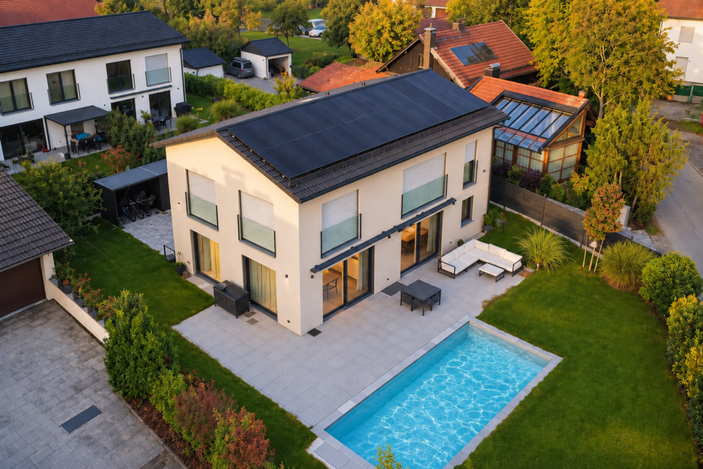 Einfamilienhaus bei Herrsching mit großen Fenstern, Glasbrüstungen, heller Terrasse und Pool im Garten