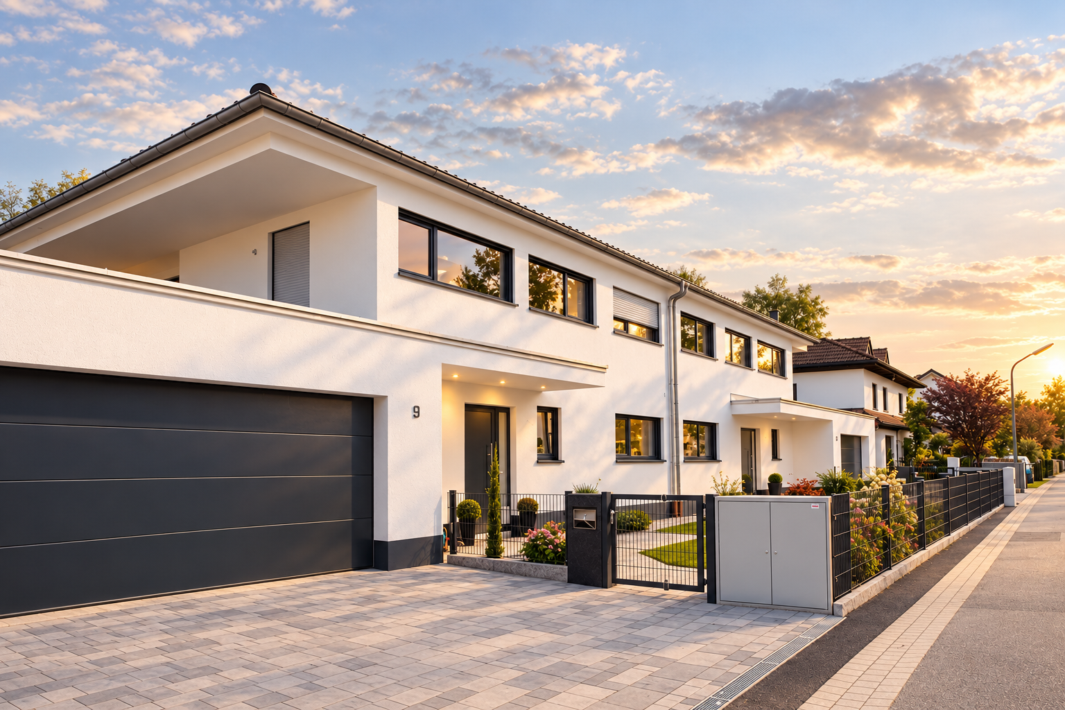 Eingangsseite des Einfamilienhauses in Germering mit Garage, Einfahrt und heller Fassade