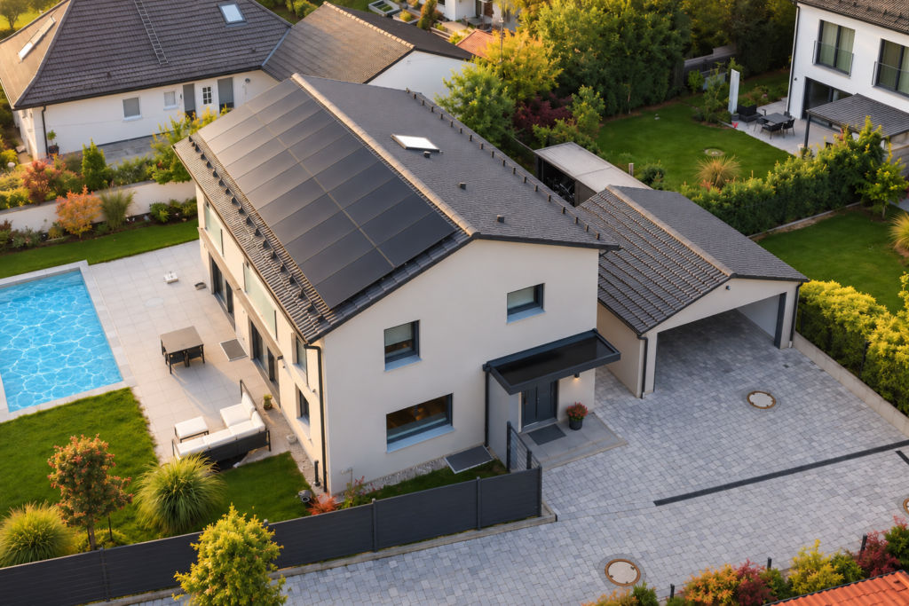 Eingangsseite des Hauses mit dunklem Vordach, Carport und gepflasterter Zufahrt