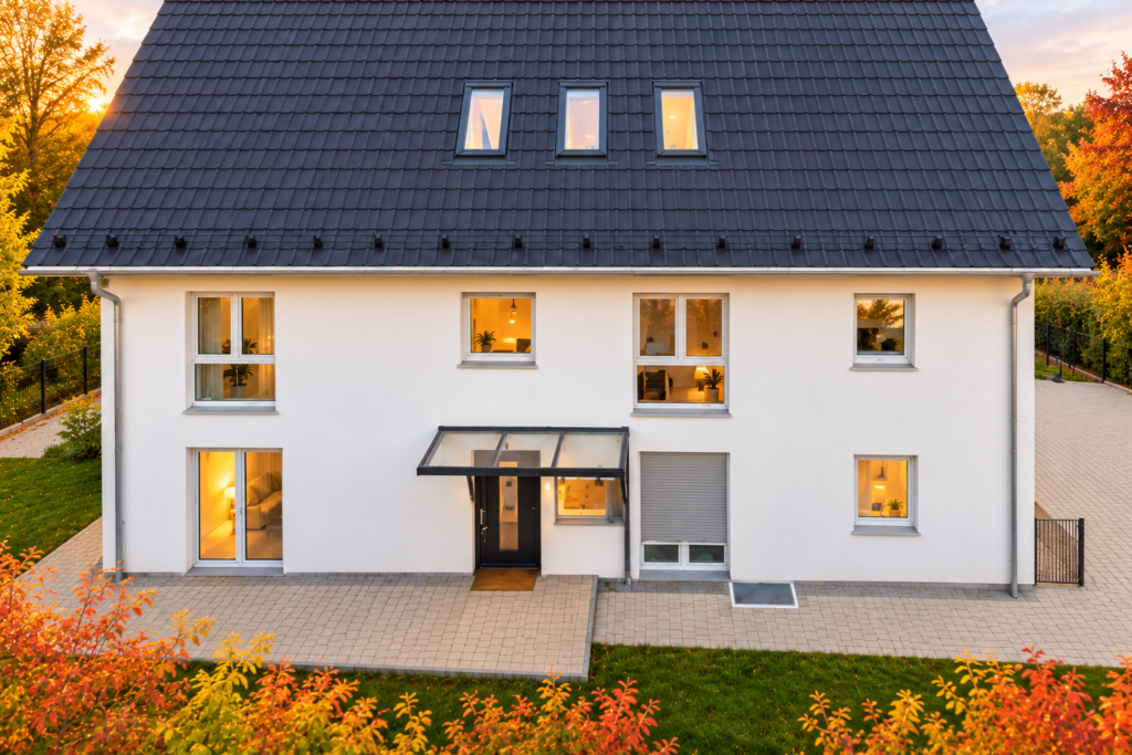 Eingangsseite des Mehrfamilienhauses mit Glasvordach, drei Dachfenstern und gepflasterten Stellplätzen