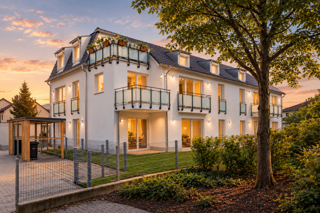 Eckansicht vom weißen Mehrfamilienhaus in Germering mit Glasbalkonen, Dachterrasse und angrenzenden Grünflächen