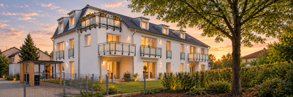 Mehrfamilienhaus in Germering mit weißer Fassade, Glasbalkonen und Dachgauben