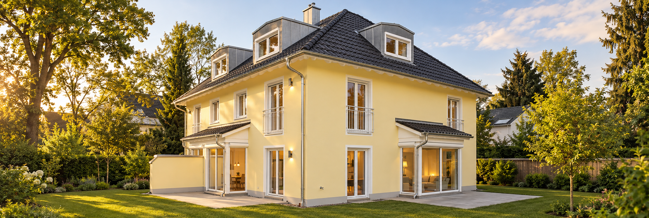 Doppelhaus in München mit hellgelber Fassade, weißen Fensterrahmen und markanten Dachgauben