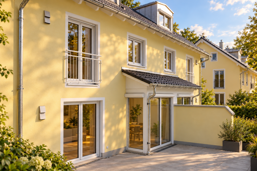 Terrassenfassade vom Doppelhaus in München mit verglastem Vorbau, bodentiefen Fenstern und weißen Geländern