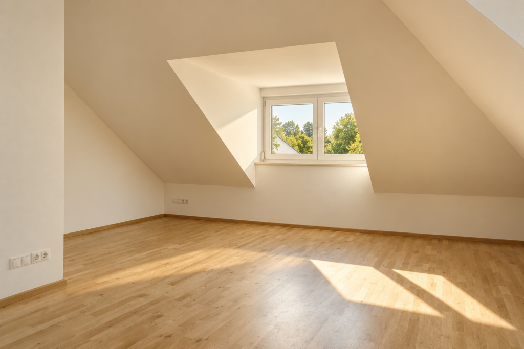 Unmöblierter Dachgeschossraum mit Dachschrägen, Gaubenfenster und hellem Parkettboden
