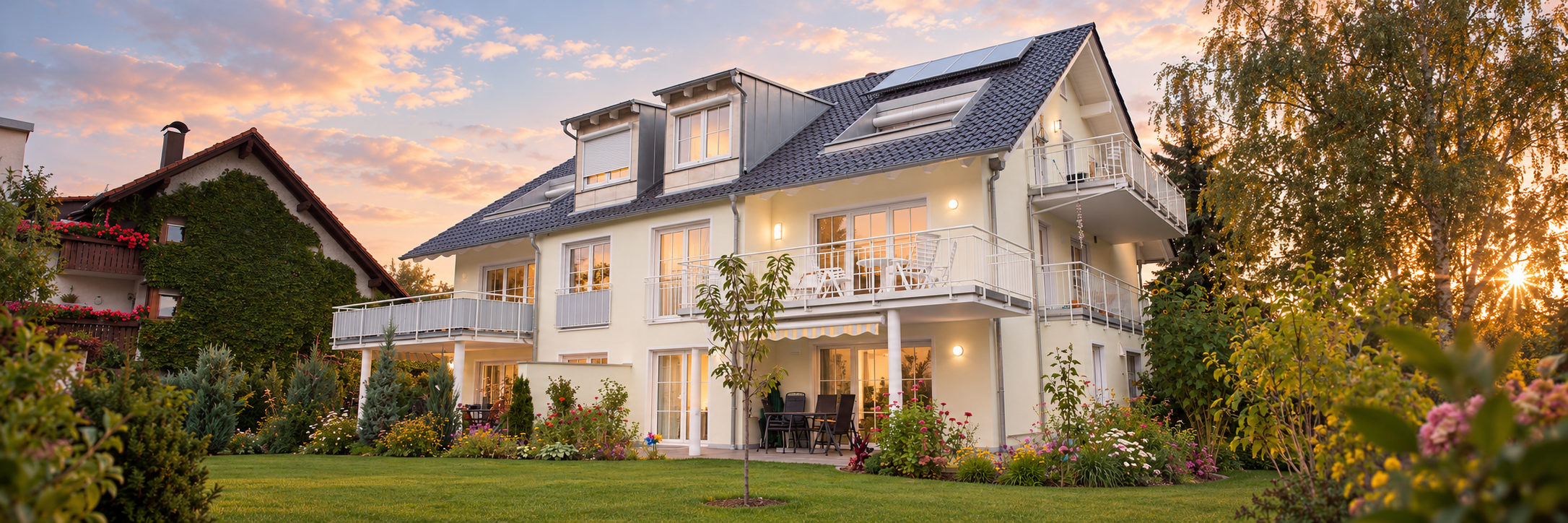 Doppelhaus in Puchheim mit heller Fassade, weißen Balkonen, Dachgauben und Garten