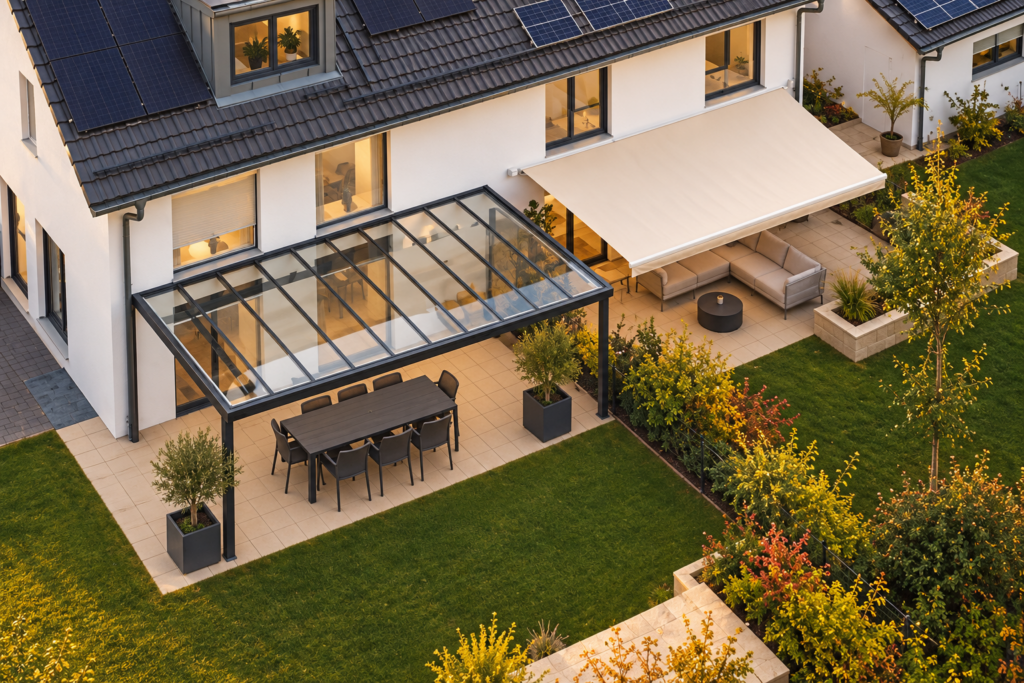 Terrassen mit dunkler Glasüberdachung, heller Markise und angrenzenden Rasenflächen