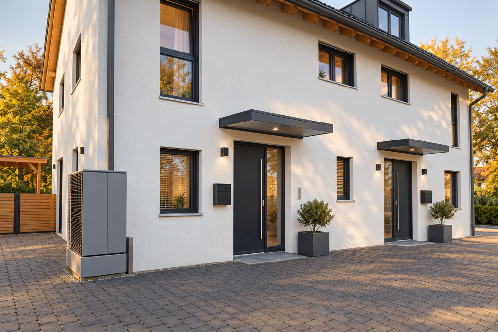 Zwei dunkle Hauseingänge mit flachen Vordächern und Pflanzkübeln vor einer weißen Fassade