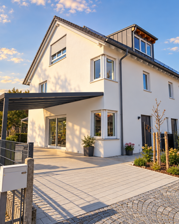 Doppelhaus in Geltendorf mit Eckfenstern, heller Giebelfassade und dunkler seitlicher Überdachung