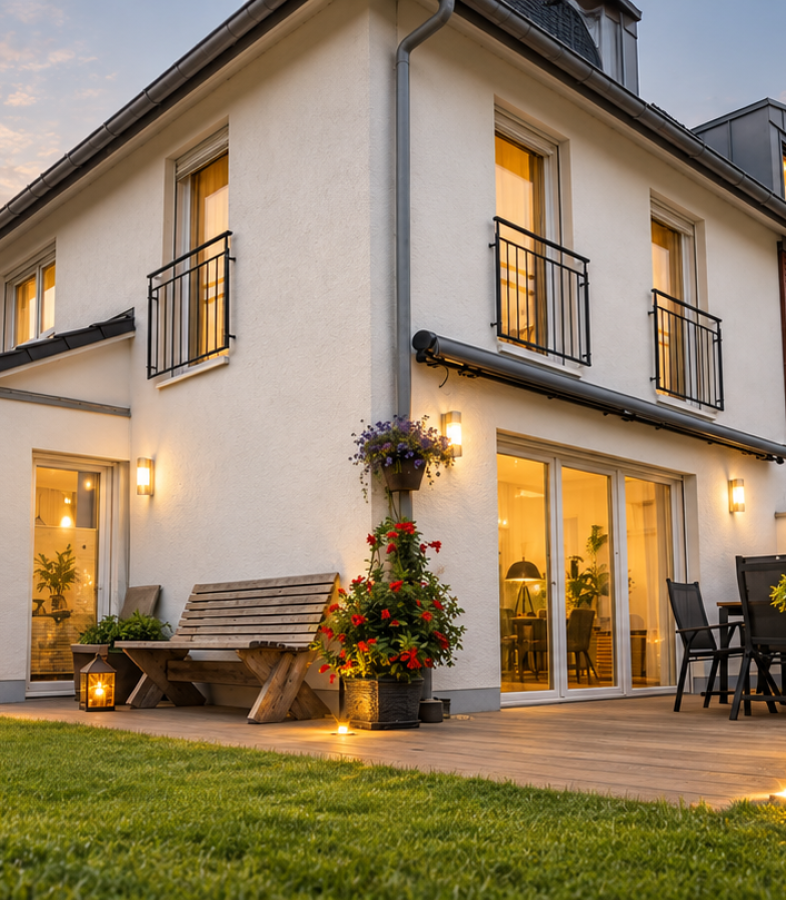Einfamilienhaus in München-Laim mit heller Fassade, Terrasse und Garten im Abendlicht