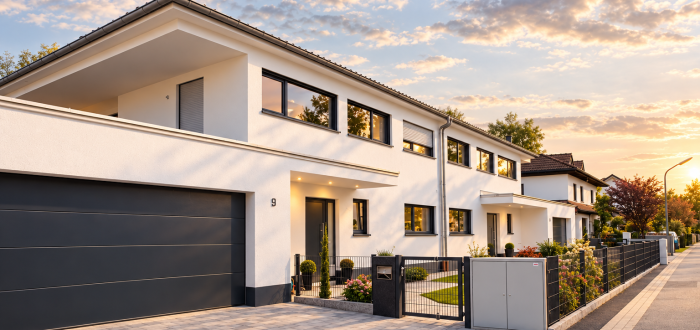 Eingangsseite des Einfamilienhauses in Germering mit Garage, Einfahrt und heller Fassade