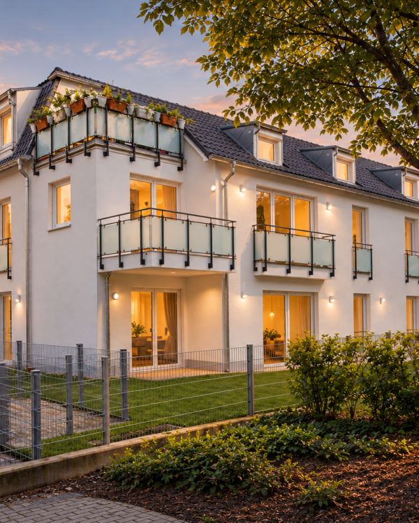 Eckansicht vom weißen Mehrfamilienhaus in Germering mit Glasbalkonen, Dachterrasse und angrenzenden Grünflächen