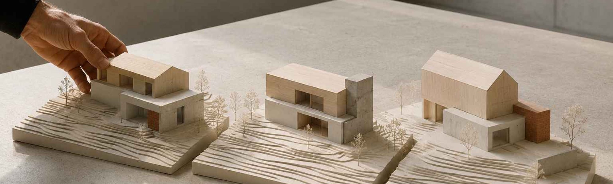 Drei Architekturmodelle unterschiedlicher Wohnhäuser auf Geländemodellen zum Variantenvergleich in der Projektentwicklung