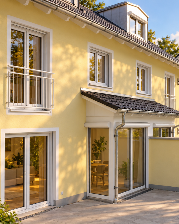 Terrassenfassade des Doppelhauses mit verglastem Vorbau, bodentiefen Fenstern und weißen Geländern