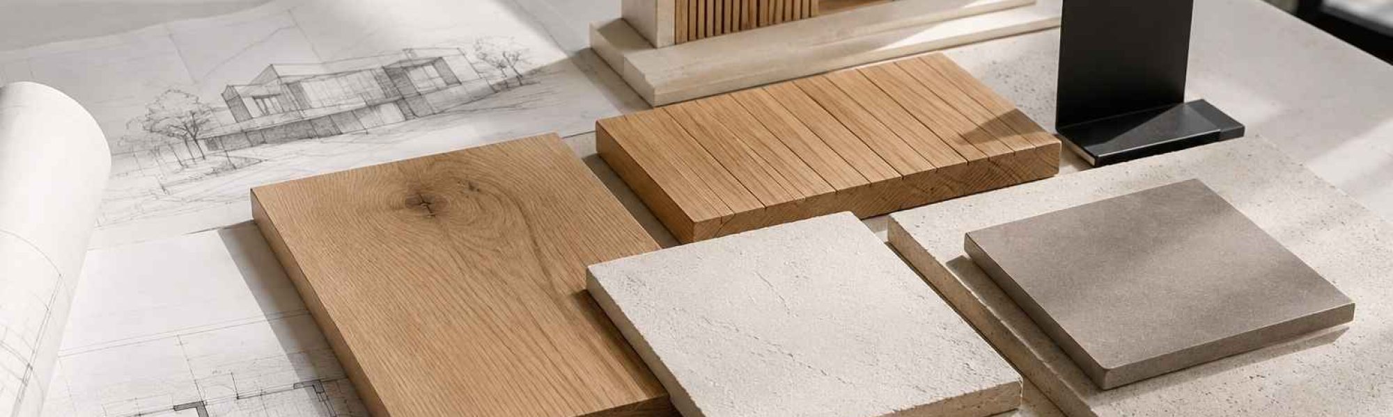 Holz- und Oberflächenmuster neben Bauzeichnungen und einem dunklen Metallprofil auf einem Tisch